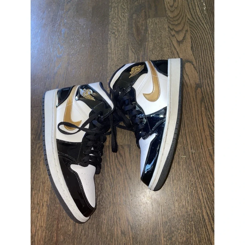 Nike Air Jordan 1 Sneakers Shoes Mid Patent Black White Gold 852542-007